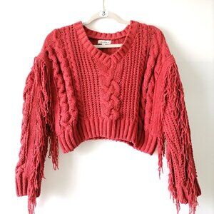 Hooked Up Womens Dark Rose V Neck Drop Shoulder Fringe Cable Knit Sweater Size S
